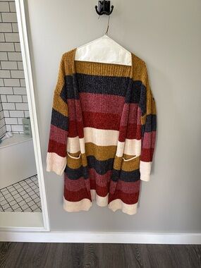 Striped Open-Front Women’s Cardigan Sweater - Mustard, Red, Navy, Cream
